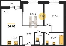 2-к квартира, 54.40м2