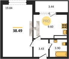 1-к квартира, 38.49м2