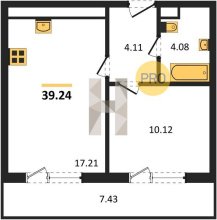 1-к квартира, 39.24м2