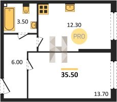 1-к квартира, 35.50м2