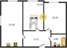 2-к квартира, 66.88м2