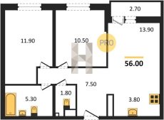 2-к квартира, 56.00м2