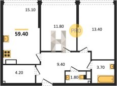 2-к квартира, 59.40м2